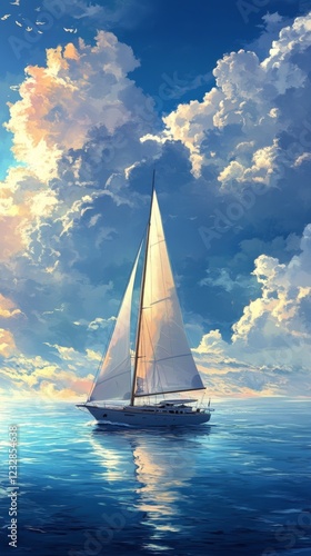 Sailing ship navigates the vibrant sea under a bright blue sky with fluffy cl...