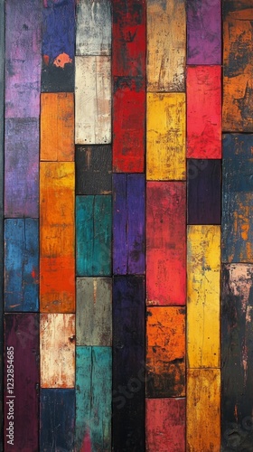 Colorful wooden planks create a vibrant wall art display in a rustic setting
