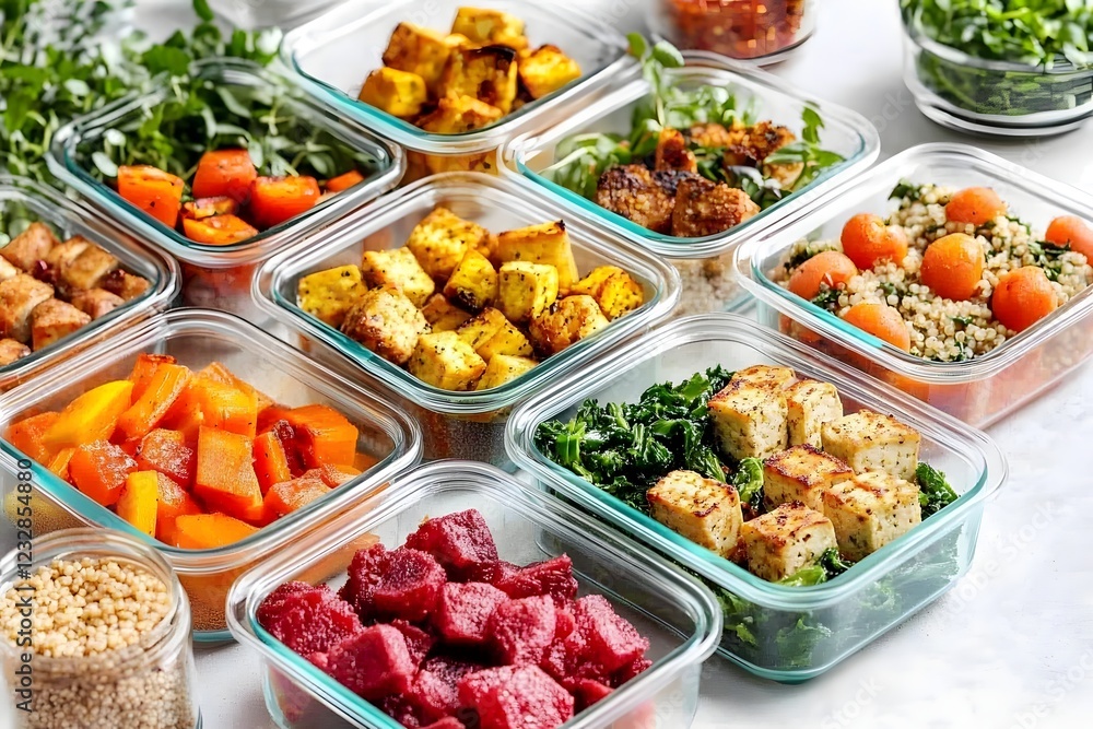 Meal Prep Mastery: A vibrant array of healthy and delicious meal-prepped dishes in glass containers, showcasing a variety of colorful vegetables, proteins, and grains. Perfect for a healthy lifestyle. Meal Prep Mastery: A vibrant array of healthy and delicious meal-prepped dishes in glass containers, showcasing a variety of colorful vegetables, proteins, and grains. Perfect for a healthy lifestyle.