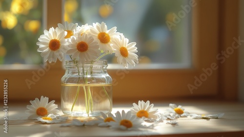 Bright daisies in a jar on a windowsill with soft sunlight illuminating the s...