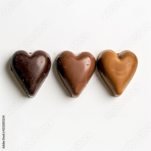 Three heart-shaped chocolate candies of different colors: one in milk chocolate, another with caramel, and the third in dark chocolate.