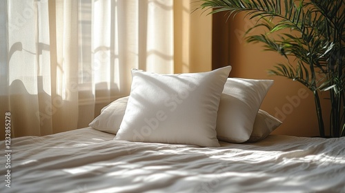 Cozy bedroom with sunlight filtering through curtains onto a made bed with pi...