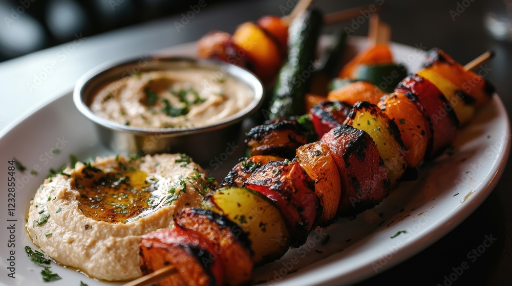 Plate of grilled vegetables and a small bowl of hummus. the plate is white and round, and the vegetables are arranged in a circular pattern on the skewers. Plate of grilled vegetables and a small bowl of hummus. the plate is white and round, and the vegetables are arranged in a circular pattern on the skewers.