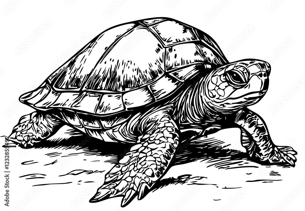 Fototapeta premium Black-and-White Sea Turtle Precision and Detail in Illustration, Sketch, No Background 