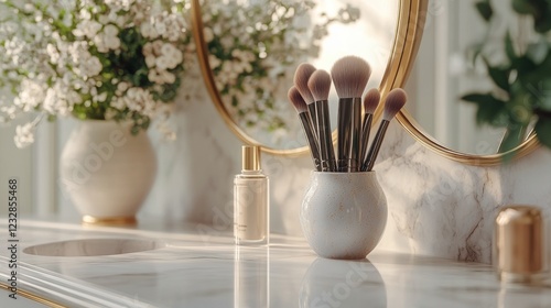 Elegant bathroom countertop with makeup brushes and skincare products on disp...