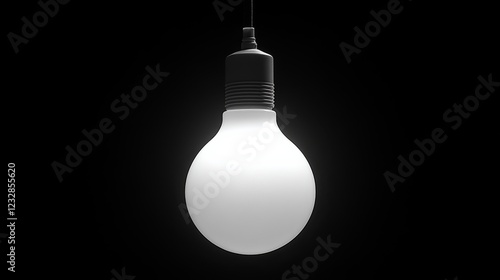 Illuminating light bulb hanging from a black background with a soft glow at n...
