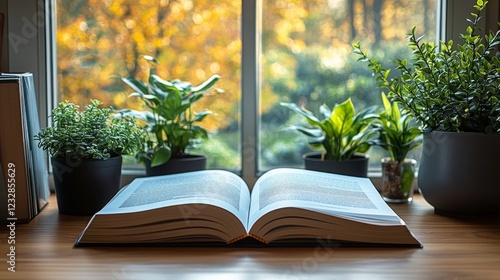 Sunlight streaming through windows illuminating open book with flowers in coz...