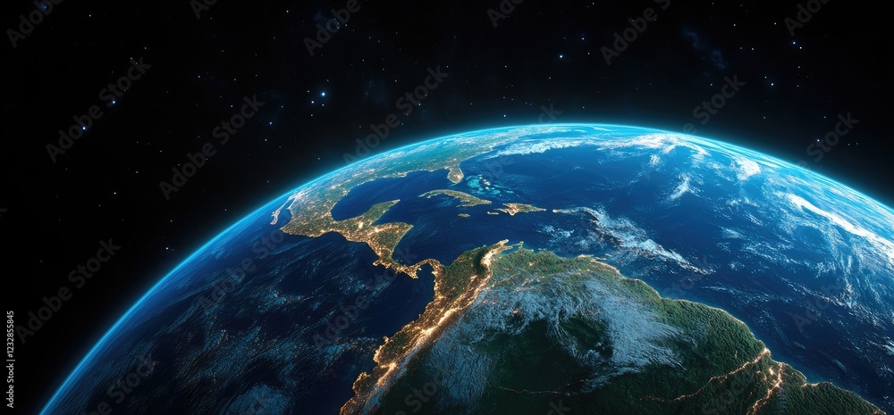 Obraz premium Earth from space, night view, Americas, starry background, global concept