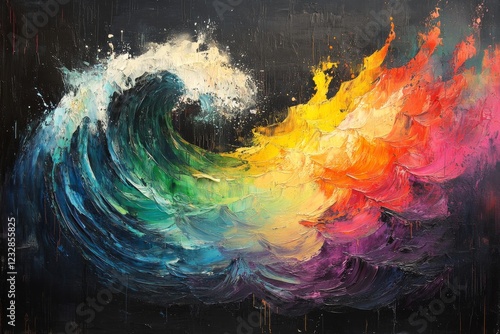 Vibrant abstract painting with colorful brush strokes and texture on a dark b...