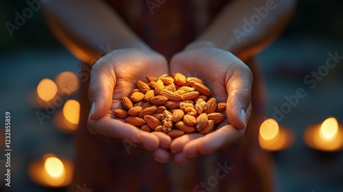 Healthy mix of nuts and dried fruits held in hands against a blurred outdoor ...
