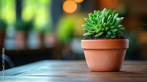 Decorative succulent in a simple pot on a wooden table in a cozy indoor setting