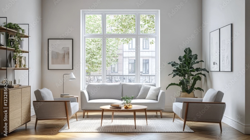 Fototapeta premium A simple Scandinavian living room has a sofa, two armchairs, a shelf, a drawer, and a coffee table with art on a hardwood floor. There's a big window that lets in a lot of light.