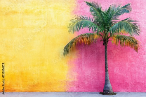 Vibrant palm tree against colorful pink and yellow wall in urban setting