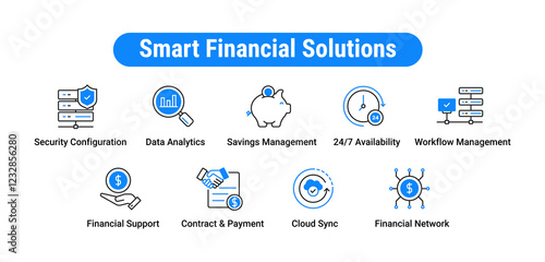 Icons for fintech, digital banking, investment management, payment security, online transactions, smart contracts, business economy, economic forecasting.