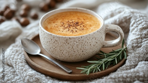 Creamy latte art displayed in a cozy setting with herbs and coffee beans nearby