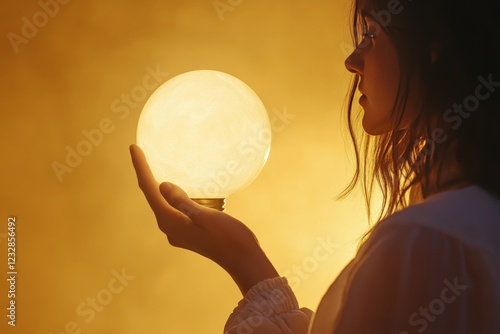 Hands gently holding a glowing light bulb in dark surroundings during a creat...