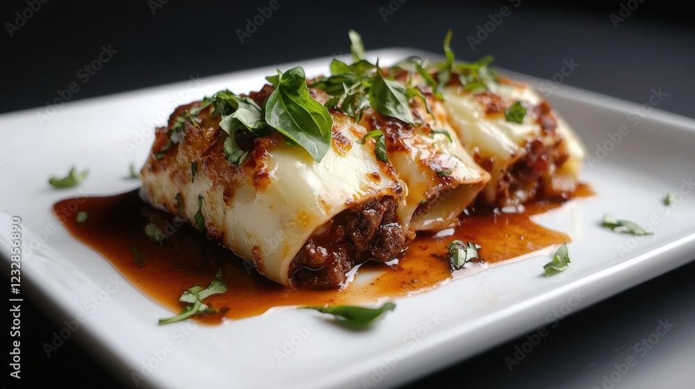 Plate of lasagna rolls on a white rectangular plate. the lasagna roll is covered in a layer of melted white cheese and is garnished with fresh basil leaves. Plate of lasagna rolls on a white rectangular plate. the lasagna roll is covered in a layer of melted white cheese and is garnished with fresh basil leaves.