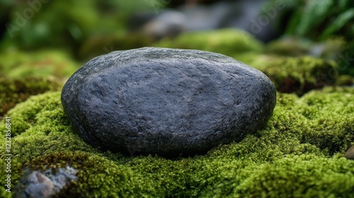 Smooth stone resting on vibrant green moss in a serene natural setting
