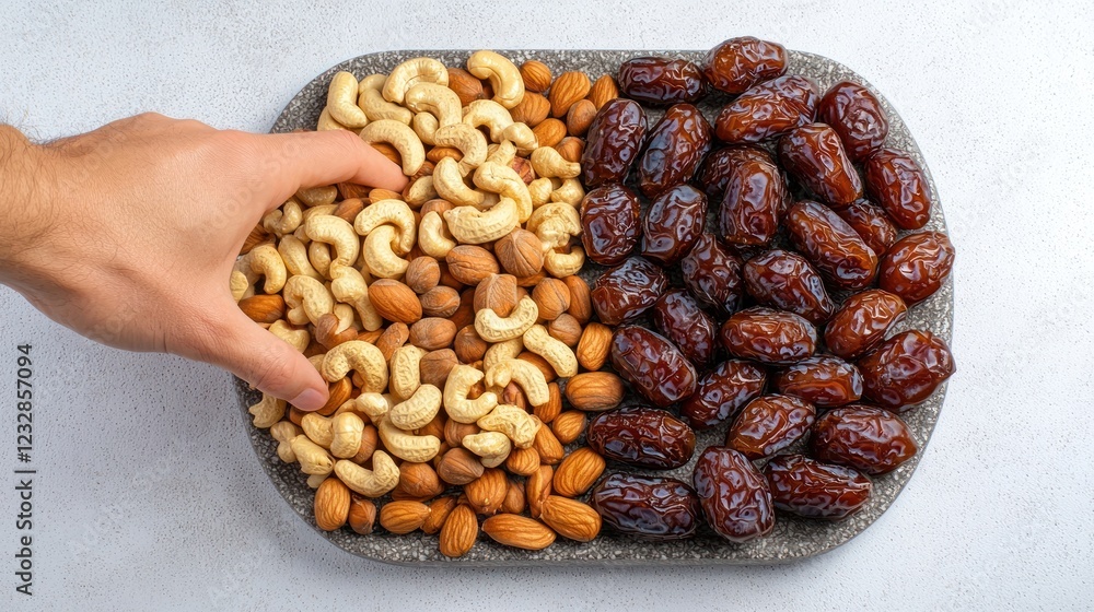 Obraz premium Hand Reaching for Mixed Nuts and Dates on a Tray