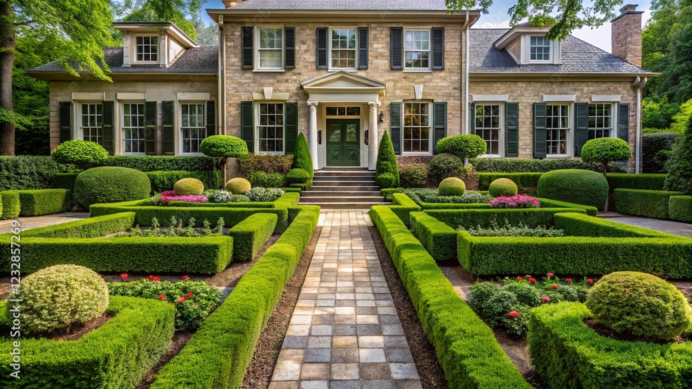 Obraz premium Creating a symmetrical hedge garden design residential landscape guide to planting and care outdoor space homeowner perspective