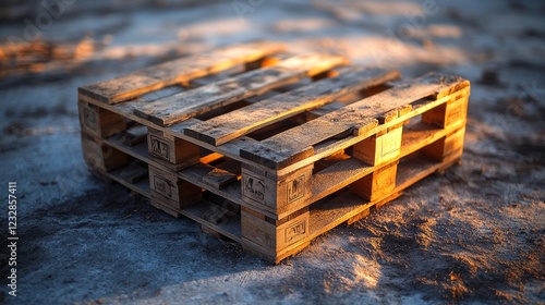 Wooden pallets stacked at sunset in a storage yard creating a warm glow effect