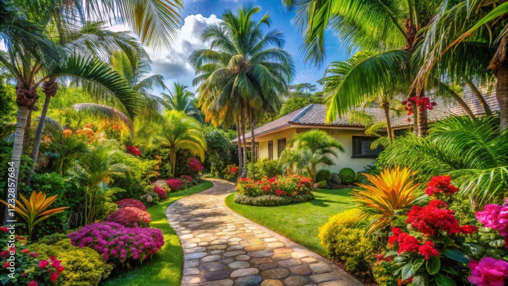 Exploring tropical paradise front a lush garden pathway oasis in a serene tropical setting Exploring tropical paradise front a lush garden pathway oasis in a serene tropical setting