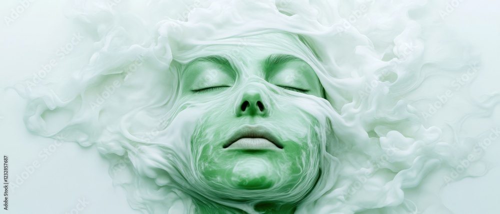 serene face with green skin and closed eyes surrounded by swirling white smoke serene face with green skin and closed eyes surrounded by swirling white smoke