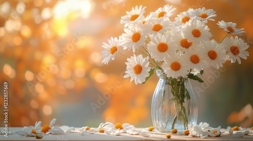 Bright daisies in a jar on a windowsill with soft sunlight illuminating the s...