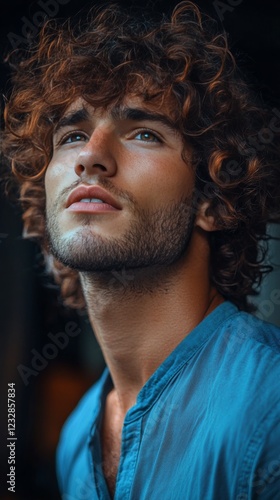 Young man with curly hair gazing thoughtfully out of a window during daylight