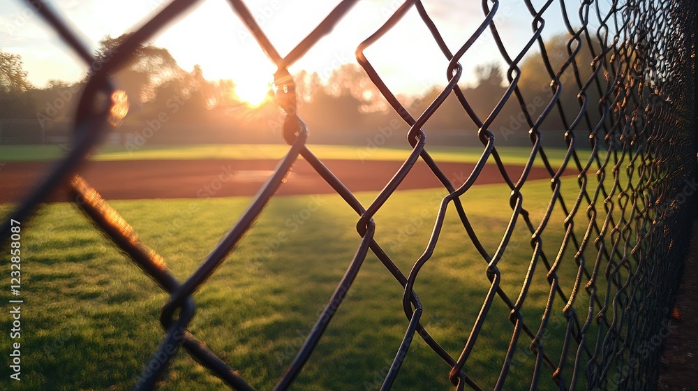 Sunset view through chain link fence at baseball field Sunset view through chain link fence at baseball field