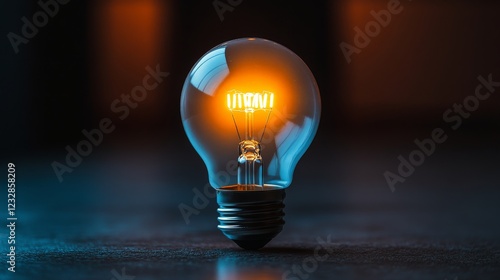Illuminating light bulb hanging from a black background with a soft glow at n...