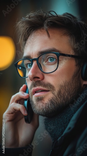 Man in glasses talks on smartphone while wearing headphones in modern cafe se...