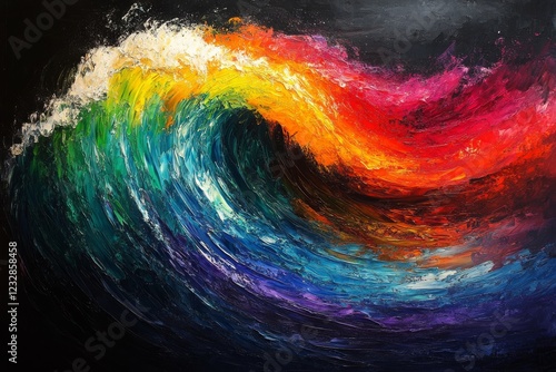 Vibrant abstract painting with colorful brush strokes and texture on a dark b...