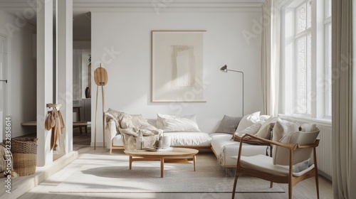 White, airy living room with Scandinavian minimalist style. Clean and simple lines, natural materials, and cozy textiles create a calming and inviting space.