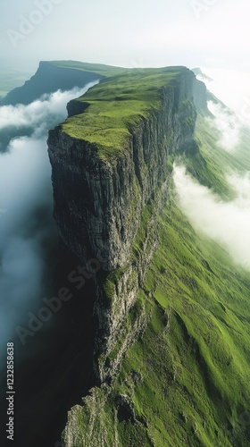 Majestic mountain landscape with clouds and greenery in remote wilderness set...