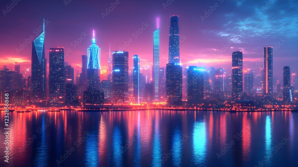 Fototapeta premium Futuristic city skyline at twilight with glowing neon accents – Generative AI