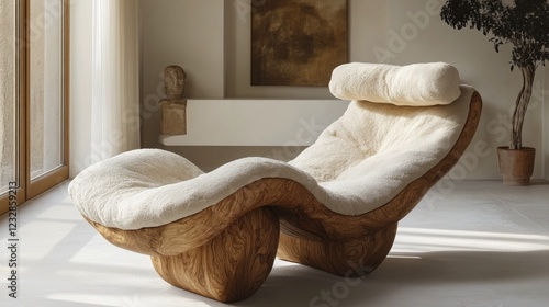 Unique wood and fur lounge chair in a modern minimalist living room with larg...