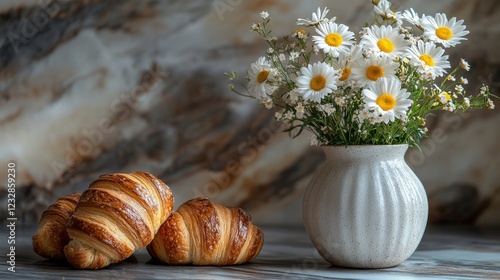 Freshly baked croissants beside a vase of daisies on a rustic kitchen table