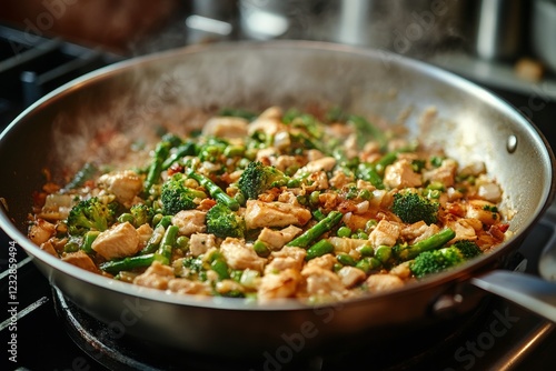 Cooking chicken stir fry with vegetables and flames in a kitchen
