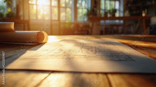 Blueprint on wooden table with warm sunlight illuminating a creative workspace