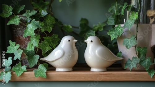 Ceramic birds on a wooden shelf surrounded by green ivy plant