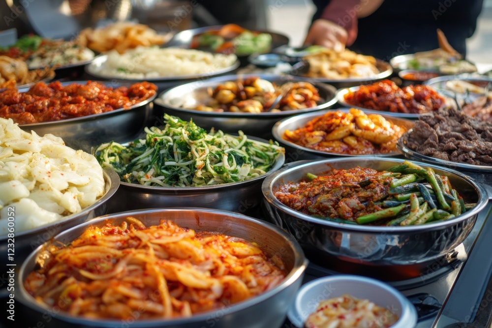 Obraz premium Assorted Korean Dishes Served In Metal Bowls