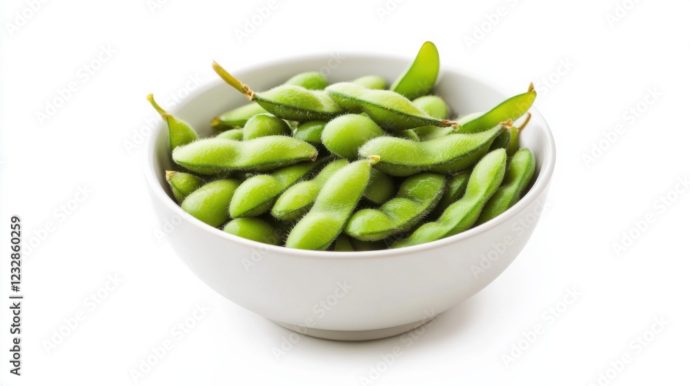 A simple bowl of plain edamame, lightly salted and served in a minimalist white ceramic bowl, Edamame centered A simple bowl of plain edamame, lightly salted and served in a minimalist white ceramic bowl, Edamame centered