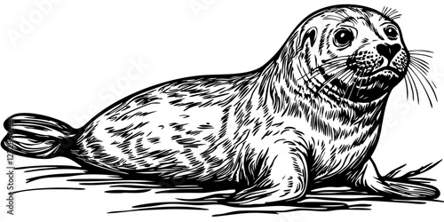 Detailed Seal Line Drawing Beautiful Monochrome Artwork, Sketch, Transparent Background