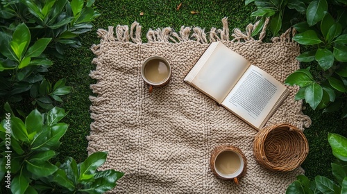Reading a book with coffee surrounded by flowers on a cozy blanket in a natur...