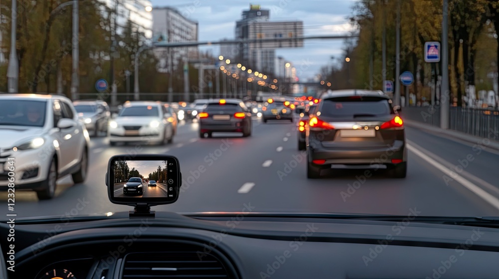 Busy urban street showing evening traffic with vehicles and bright city lights reflected in the car dashboard display Busy urban street showing evening traffic with vehicles and bright city lights reflected in the car dashboard display