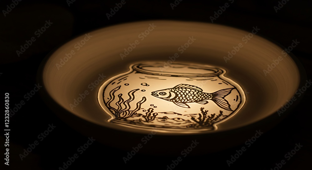 Ceramic fish bowl, drawing of goldfish, decorative aquarium light. Ceramic fish bowl, drawing of goldfish, decorative aquarium light.