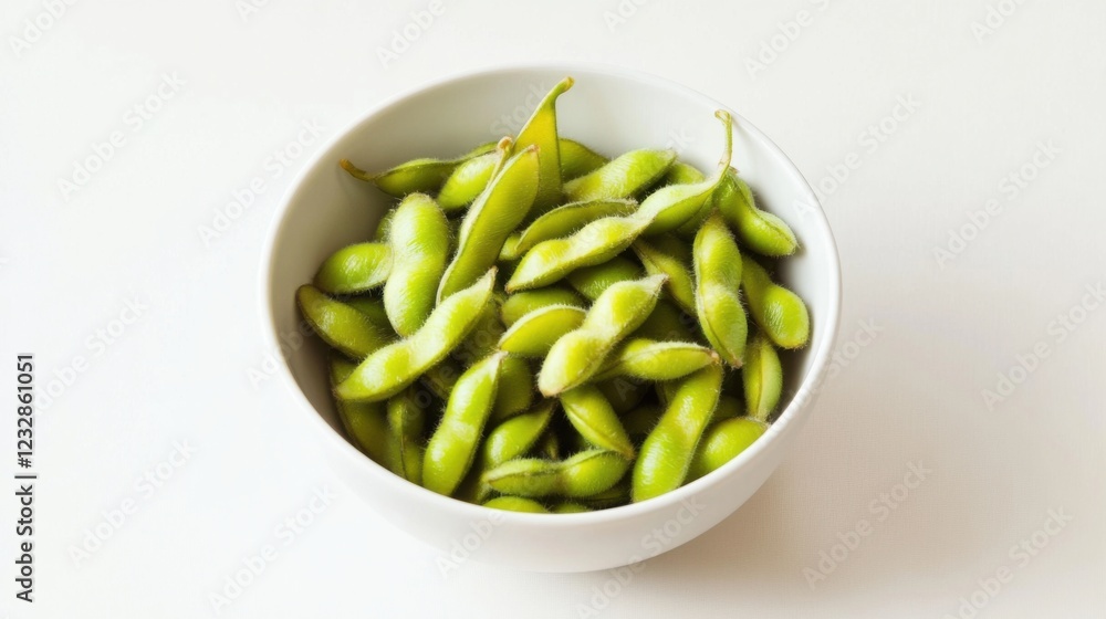 A simple bowl of plain edamame, lightly salted and served in a minimalist white ceramic bowl, Edamame centered A simple bowl of plain edamame, lightly salted and served in a minimalist white ceramic bowl, Edamame centered