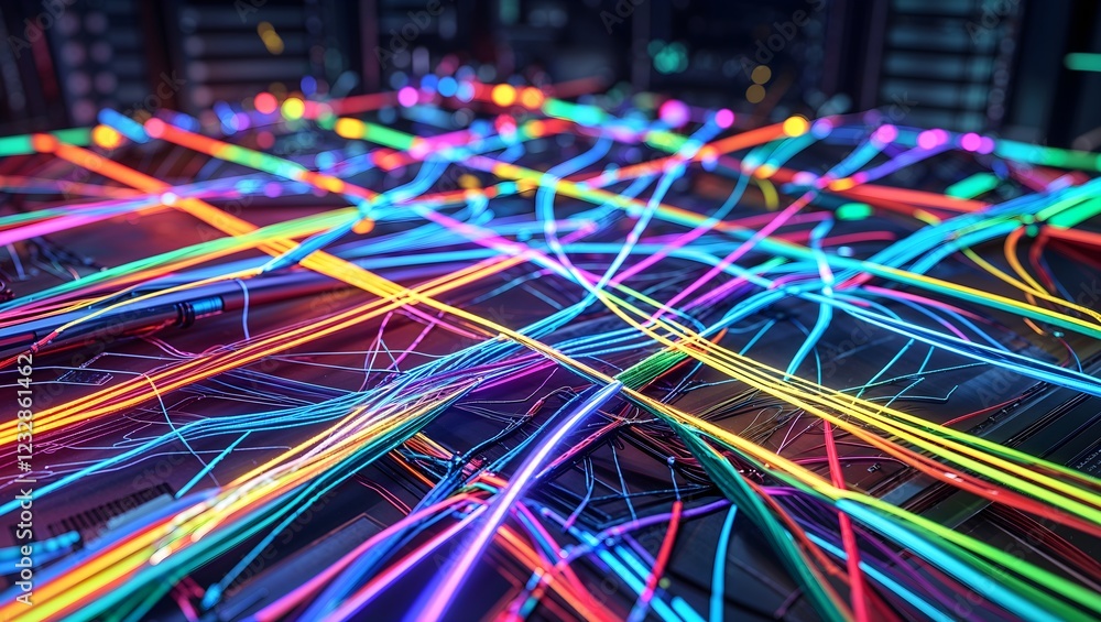 Intricate Web of Neon Fiber Optic Cables Intricate Web of Neon Fiber Optic Cables