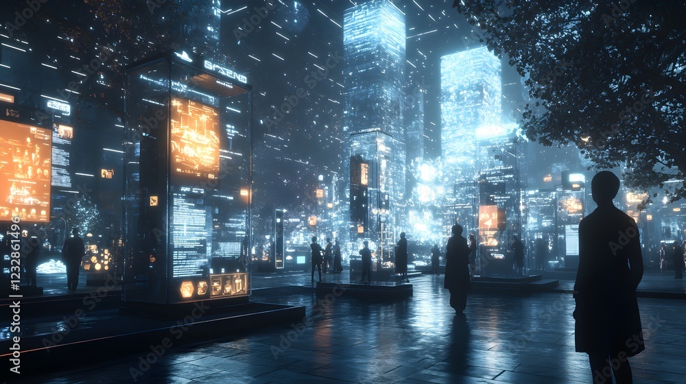 Futuristic virtual trade show with interactive booths and holograms - Generative AI Futuristic virtual trade show with interactive booths and holograms - Generative AI